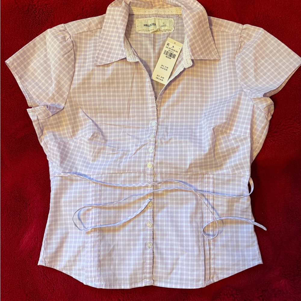 Hollister Lavender Gingham Tie-Waist Button Down Shirt